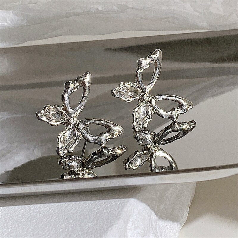 Silver-colored Butterfly Stud Earrings Women Hollow Earring Jewelry Accessories