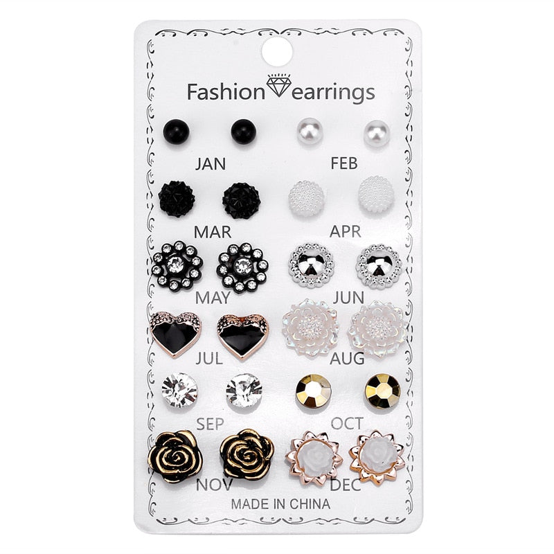 21 Styles 12-20 Pairs Set Butterfly Star Heart Rose Flower Stud Earrings Women