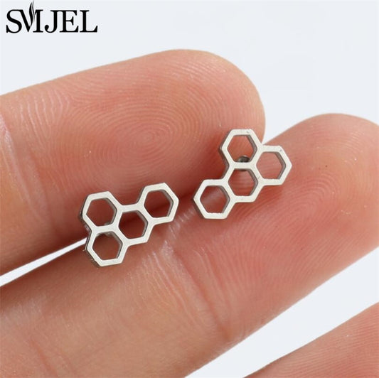 Honey Comb Stainless Steel Earrings Women Jewelry Small Studs Gifts Earring