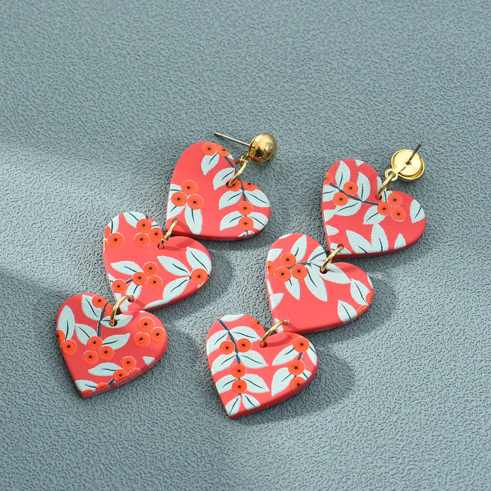 Acrylic Red Heart Floral Pattern Dangle Earrings Women Charms Earring Fashion