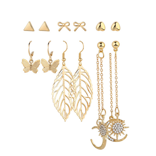 6 Pairs Leaf Moon Butterfly Dangle Earrings for Fashion Stylish Jewelry Drop