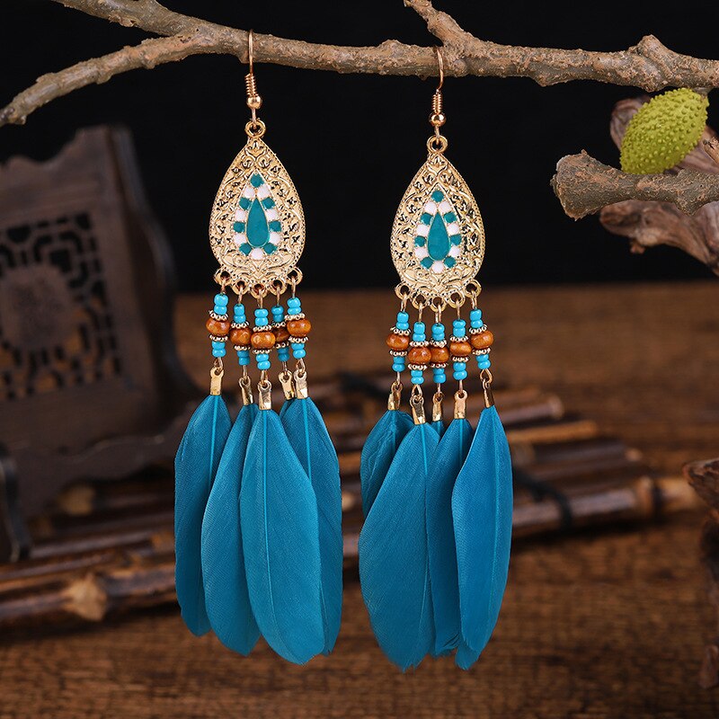 Blue Feather Design Dangle Earrings for Fashion Stylish Jewelry Drop Earrings