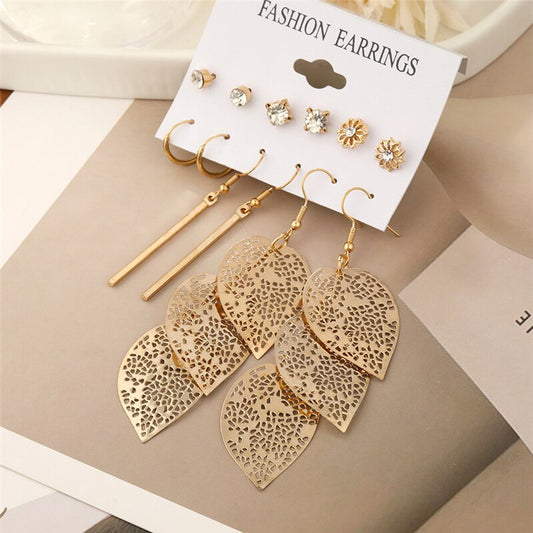 6pairs Hollow Pattern Leaf Dangle Earrings for Fashion Stylish Jewelry Drop