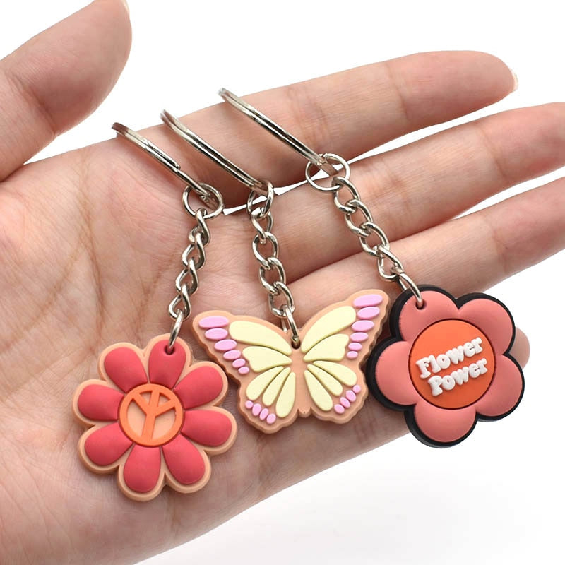 14 Styles PVC Keychain Peace and Love Butterfly Flower Sign Keychain Global