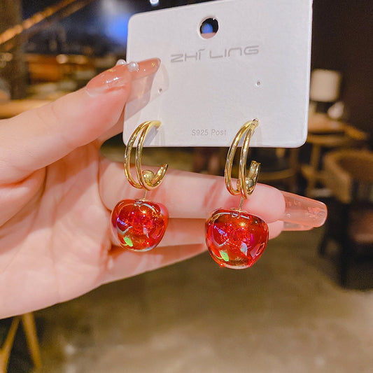 Holographic Red Cherry Lady Cute Dangle Earrings for Women Jewelry Girls