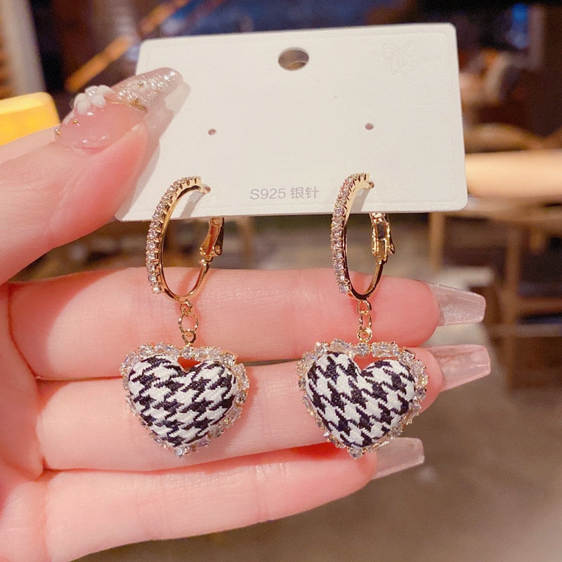 Houndstooth Heart Drop Earrings Women Party Wedding Jewelry Dangle Gifts