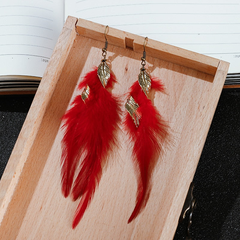 Long Red Boho Ethnic Feather Dangle Earrings Fashion Party Girls Pendant