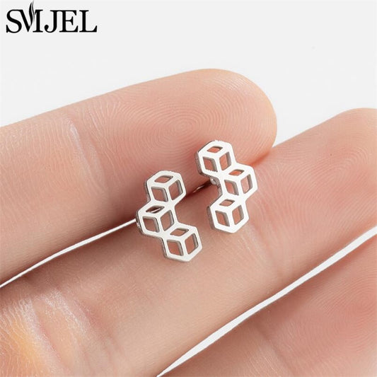 Three Cubic Design Stainless Steel Earrings Women Jewelry Small Studs Gifts