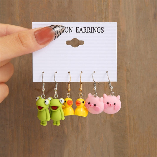 3 Pairs Set Duck Frog Piggy Drop Earrings Fashion Women Summer Party Jewelry