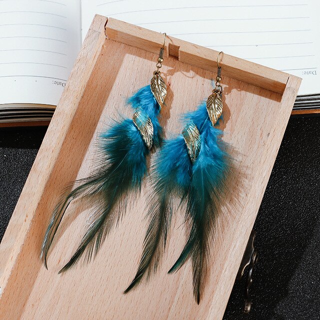 Blue Feathers Dangle Earrings for Fashion Stylish Jewelry Drop Earrings