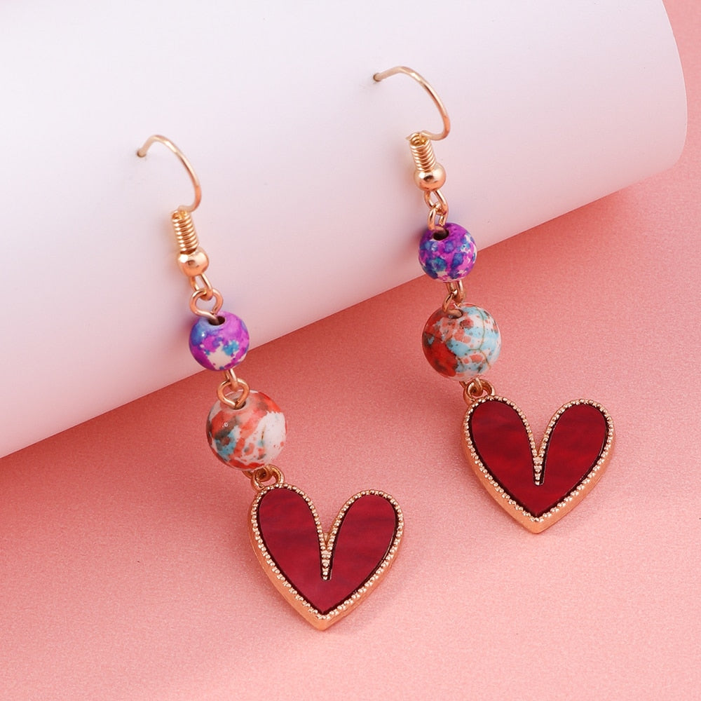 Multicolor Beads Red Heart Drop Earrings Women Creativity Jewelry Cute Earring