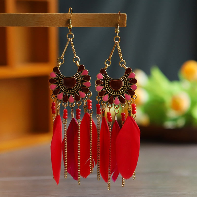 Red Tassel Boho Ethnic Feather Dangle Earrings Fashion Party Girls Pendant