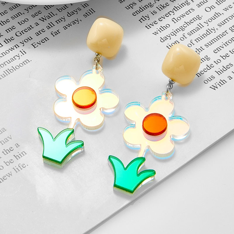 Holographic Flower Drop Earrings Women Travel Fashion Cartoon Earrings Creative