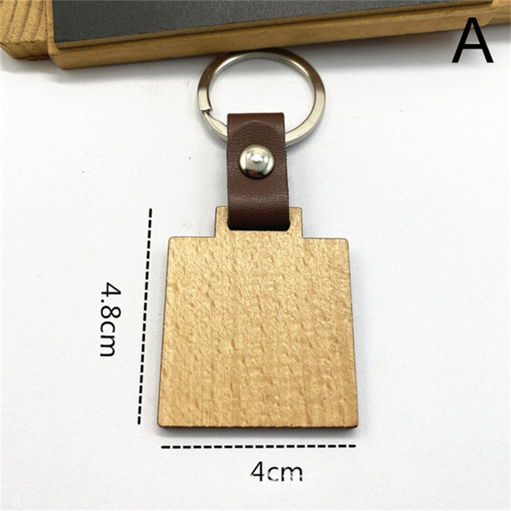 10 Styles Wooden Keychain Geometric House Car Shape Leather Wood Keyring Bag