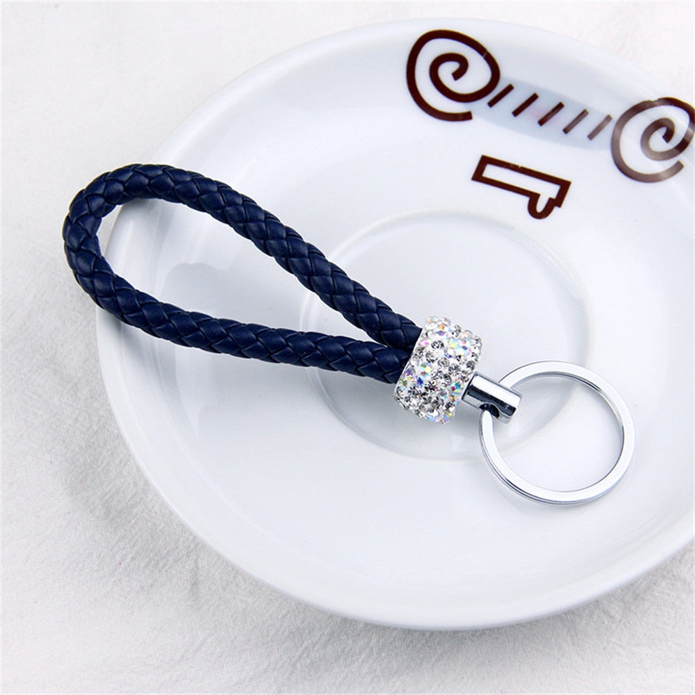 14 Styles PU Leather Braided Rope Keychain Glitter Rhinestones Key Ring For