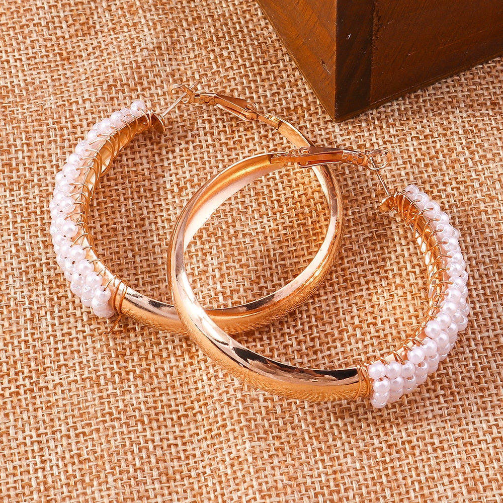 Metal Hoop Pearl Decor Earrings For Women Girl Fashion Modern Jewelry Gift