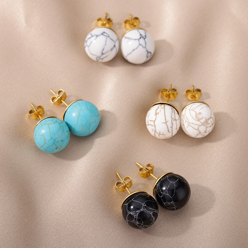 Bohemian Handmade Natural White Stone Beads Stud Earrings Women Travel Fashion