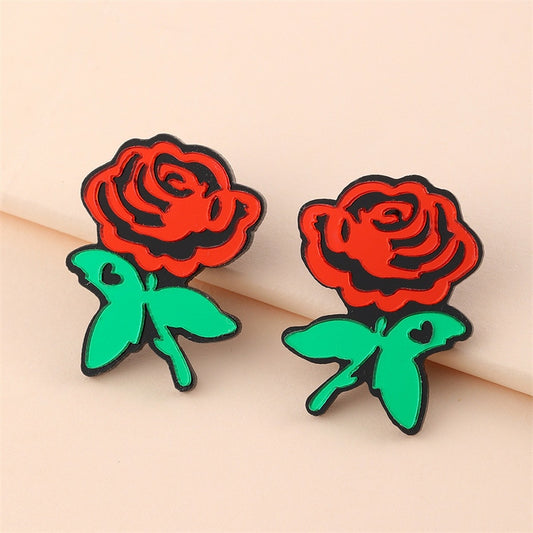 Red Rose Green Leaf Drop Earrings Female Travel Cartoon Earrings Creative Art