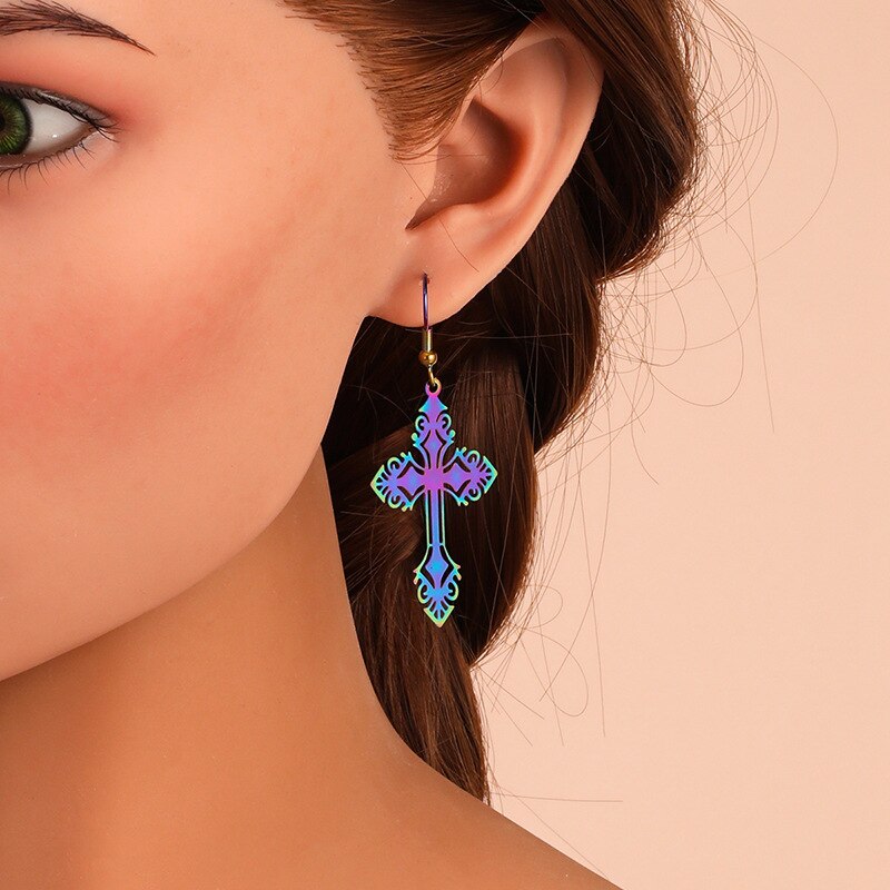 6 Styles Colorful Holographic Snake Cross Moon Dangle Earrings Women Charms