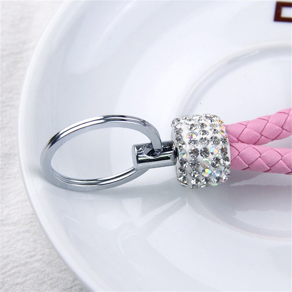 14 Styles PU Leather Braided Rope Keychain Glitter Rhinestones Key Ring For