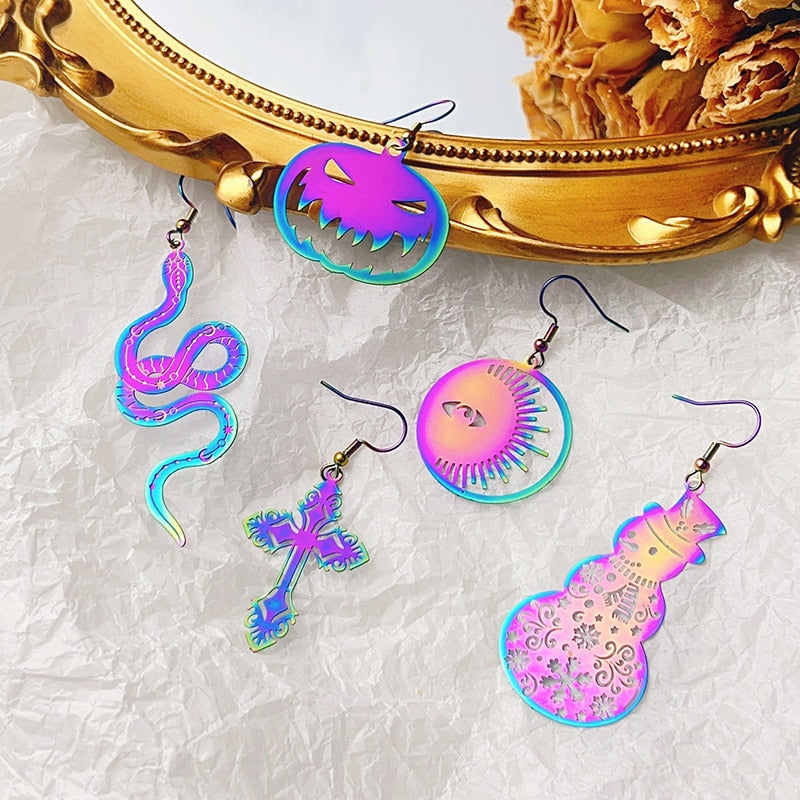 6 Styles Colorful Holographic Snake Cross Moon Dangle Earrings Women Charms