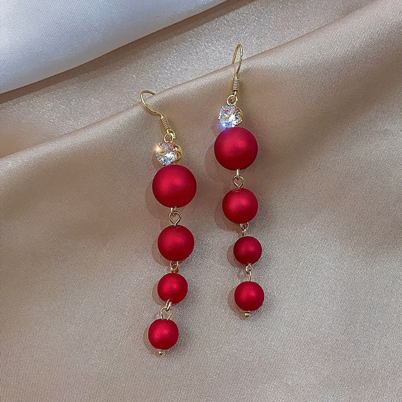 Red Faux Pearl Tassel Christmas Exquisite Stud Earrings Women Festival Jewelry