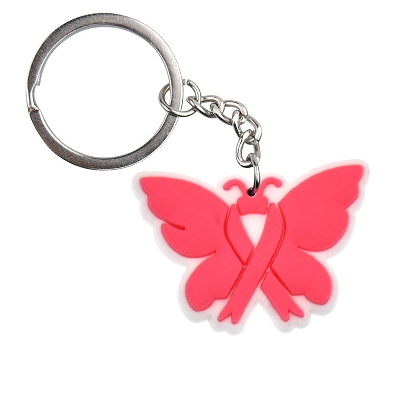 20 Styles Cartoon Breast Cancer Salon PVC Keychain Pink Ribbon Keyring Keychain