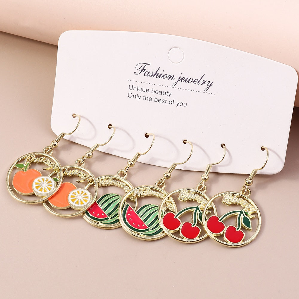 3 Pairs Watermelon Cherry Dangle Earrings for Girls Women Birthday Gift Lovely