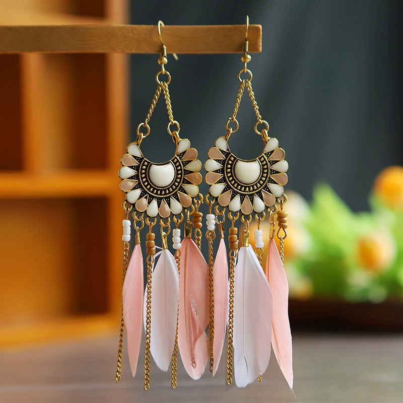 Light Pink Boho Ethnic Feather Dangle Earrings Fashion Party Girls Pendant