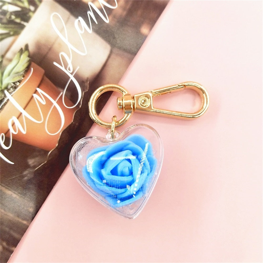 7 Colors Romantic Rose Flower Keychains Charms Transparent Eternal Flower Key