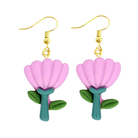 Cartoon Pink Flower Drop Earrings Women Art Fashion Cartoon Earrings Creative