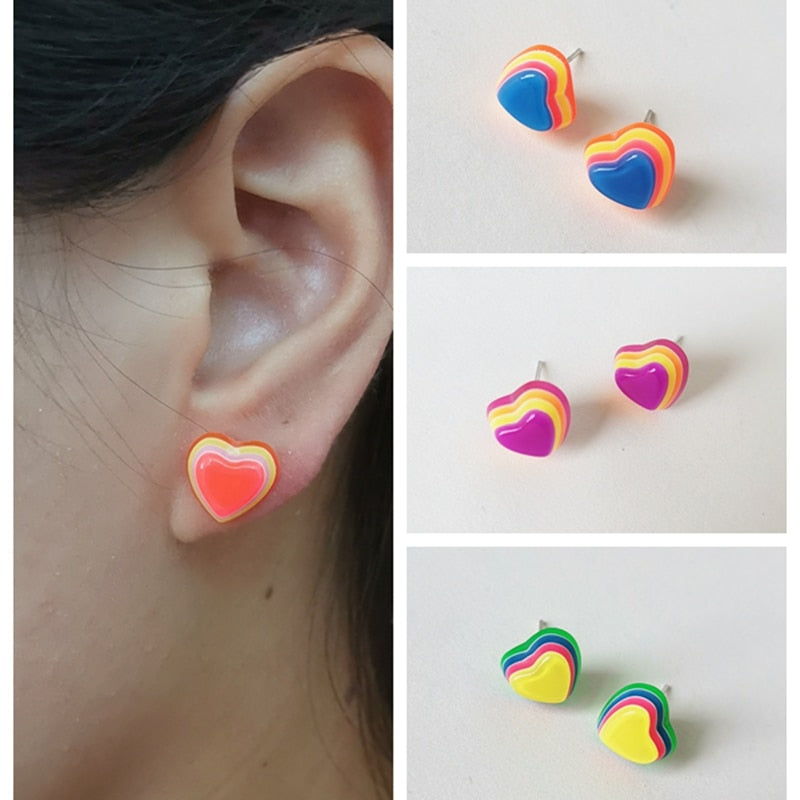Resin Multicolor Heart Stud Earrings For Women Fashion Simple Girls Birthday