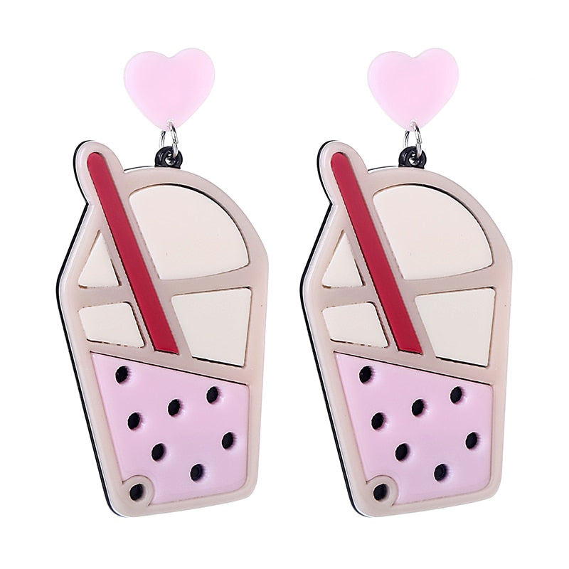 Pink Milk Tea Drop Earrings Women Travel Fashion Cartoon Earrings Creative