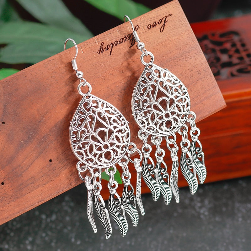 Antique Hollow Out Feathers Pendant Drop Earrings Women Gifts Earring Cute Girls