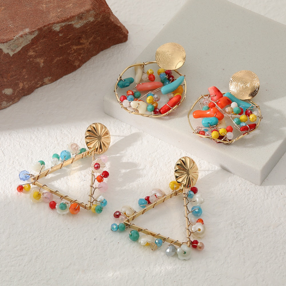 Boho Colorful Beaded Triangle Drop Earrings Women Fashion Creative Art Cute