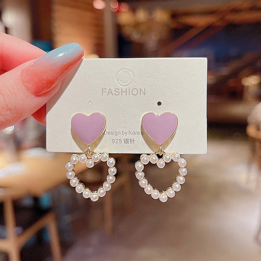 Violet Pearl Heart Dangle Earrings Creative Ear Pendants Accessories Women