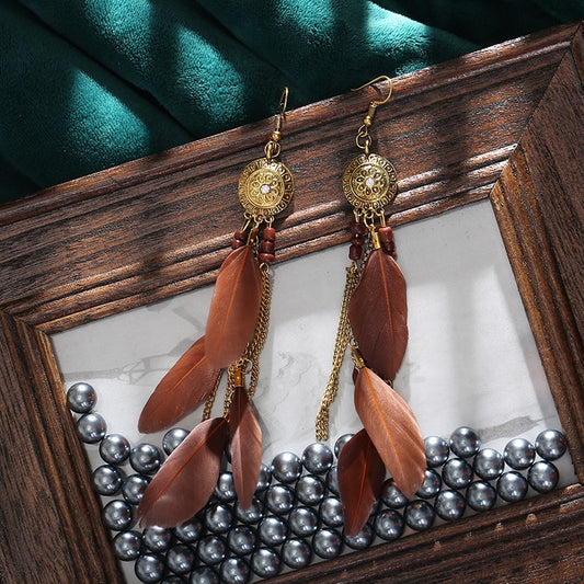 Long Brown Boho Ethnic Feather Dangle Earrings Fashion Party Girls Pendant