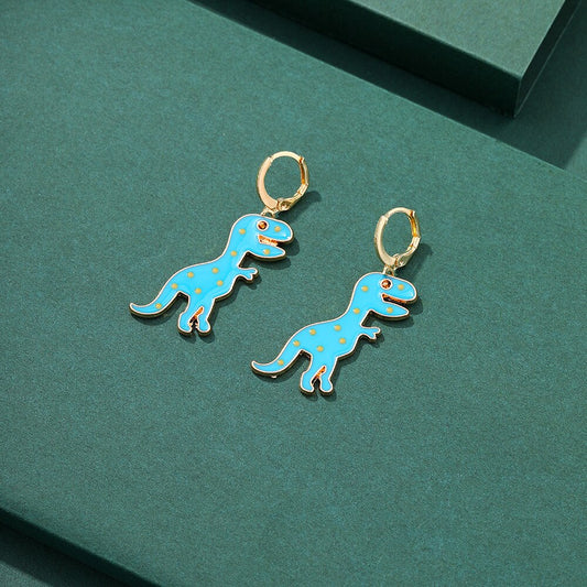 Blue Colorful Enamel Dinosaur Dangle Earrings Cartoon Ear Pendants Accessories