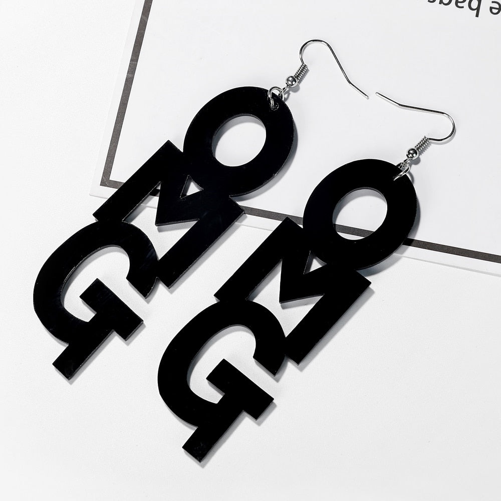 OMG Black Acrylic Drop Earrings Women Travel Fashion Cartoon Earrings Creative