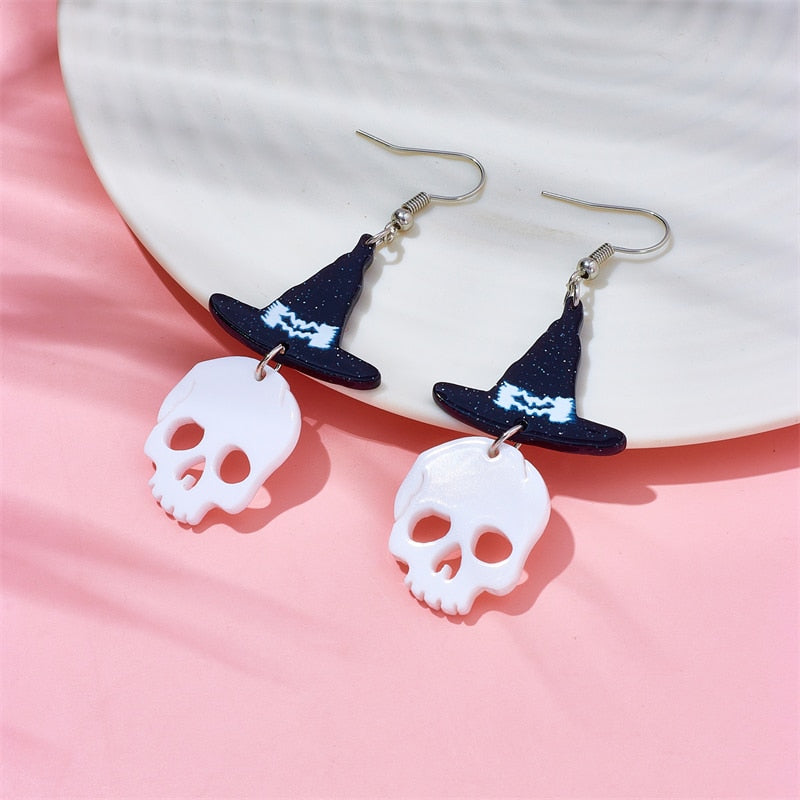 White Skull and Hat Drop Earrings Female Travel Cartoon Earrings Creative Art