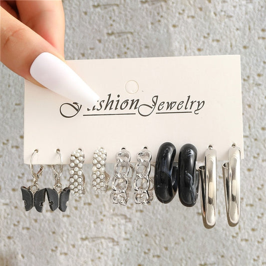 5 Pairs Chain Hoop Butterfly Drop Charm Earrings For Women Girl Fashion Modern