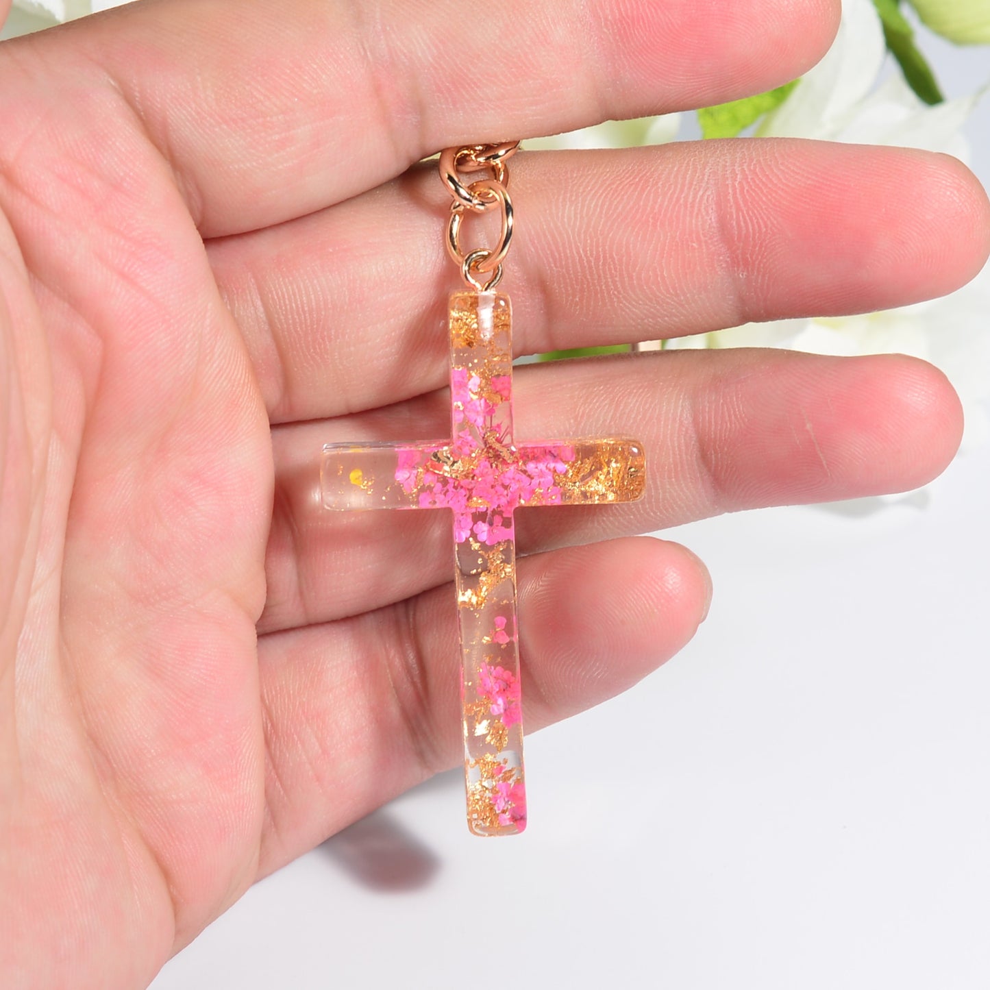 5 Styles Foil Dried Flower Filling Cross Keychain For Women Bag Ornaments