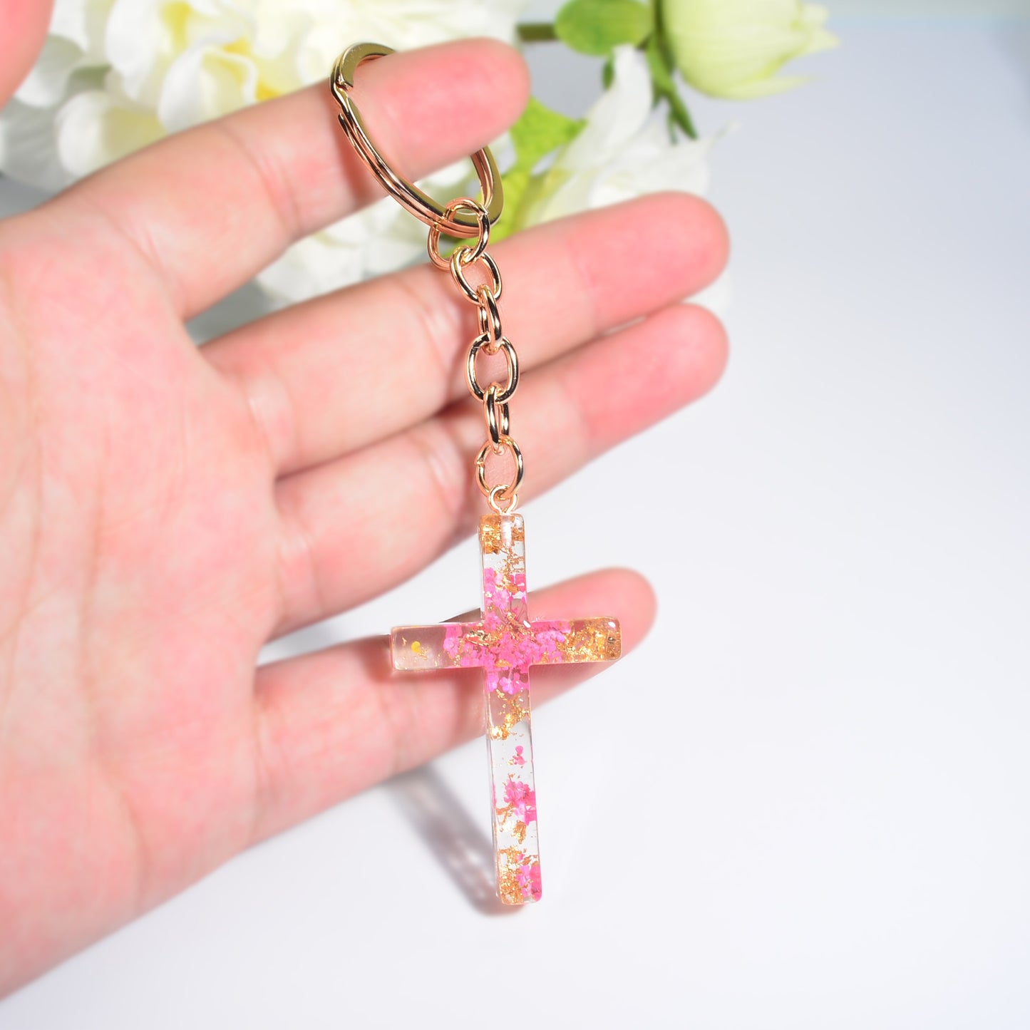 5 Styles Foil Dried Flower Filling Cross Keychain For Women Bag Ornaments