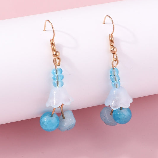 White Blue Beaded Flower Drop Earrings Women Creativity Jewelry Cute Earring