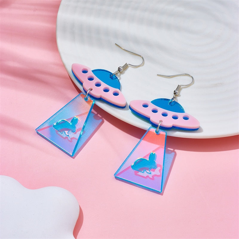 Spaceship Rabbit Drop Earrings Female Travel Cartoon Earrings Creative Art