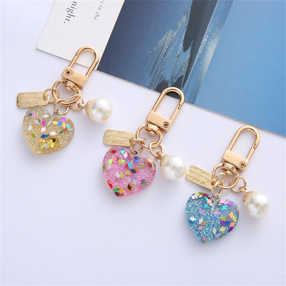 5 Styles Cute Resin Heart Key Chain Colorful Sequins Filled Keychain with Pearl