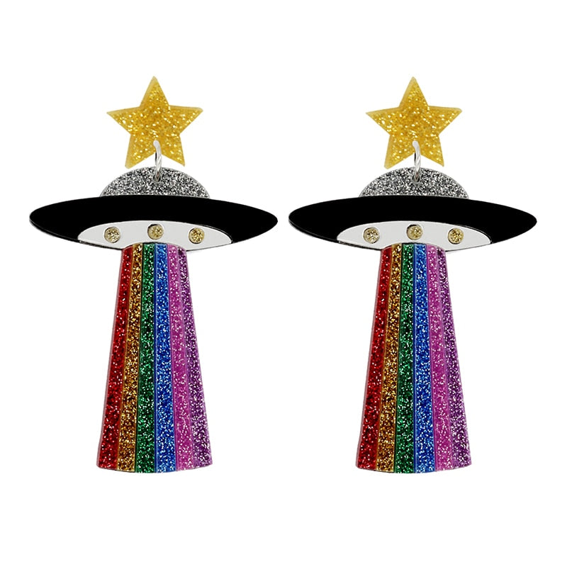 Glitter Rainbow Spaceship Drop Earrings Women Creativity Jewelry Cute Earring