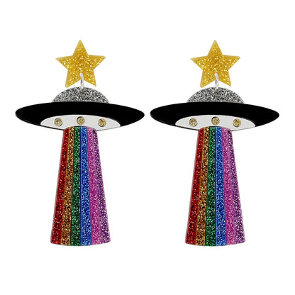 Glitter Rainbow Spaceship Drop Earrings Women Creativity Jewelry Cute Earring