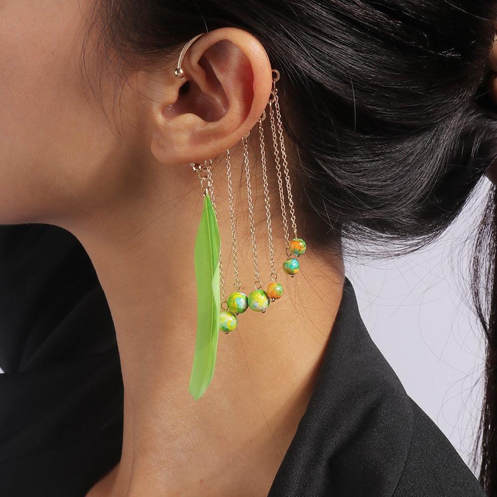 1Pc Lime Green Feather Beads Ear Wrap Earring Trendy Women Fashion Earrings