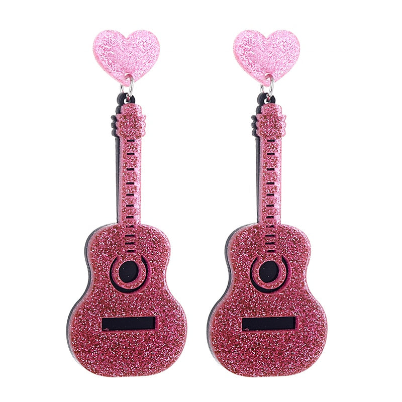 Glitter Guitar Acrylic Drop Earrings Women Travel Fashion Cartoon Earrings